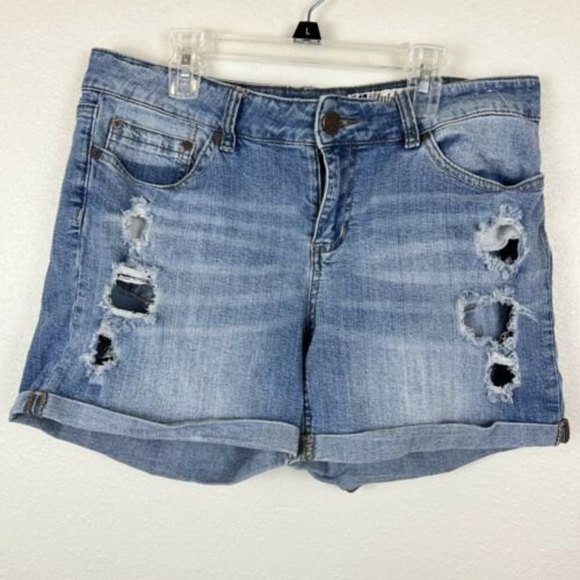 Indigo Rein Pants - Jean Shorts Indigo Rein Cuffed Denim Blue Whiskered Stretch Size 13 Distressed